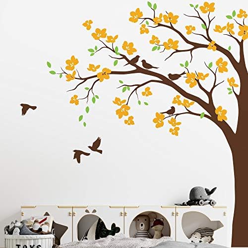 Large Corner Tree Wall Decal with Big Blossoms, Birds and Leaves Nursery Wall Art Sticker Mural 087 (Leaning Left, Brown; Lime-Tree Green; Golden Yellow) by StudioQueeWallDecals