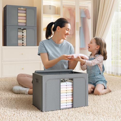 Clothes Storage Bins with Metal Frame, Foldable Clothes Organizers Storage Containers for Clothes, Sheets, Blankets, Pillows and Towels (100L, 3 Pack, Deep Grey) - Image 6