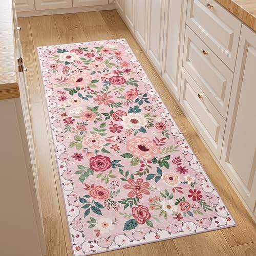 DUKINO 2x5 Runner Rug, Floral Washable Rug for Kitchen Non Slip, Pink by DUKINO