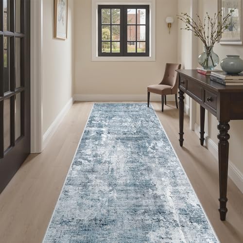 Soalmost Abstract Runner Rug 3x8 Hallway Kitchen Rugs Non-Slip, Blue/Grey - Image 4
