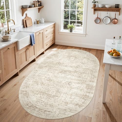 Soalmost Small Oval 3x5 Rug for Entryway Kitchen, Washable Area Rugs, Beige - Image 3