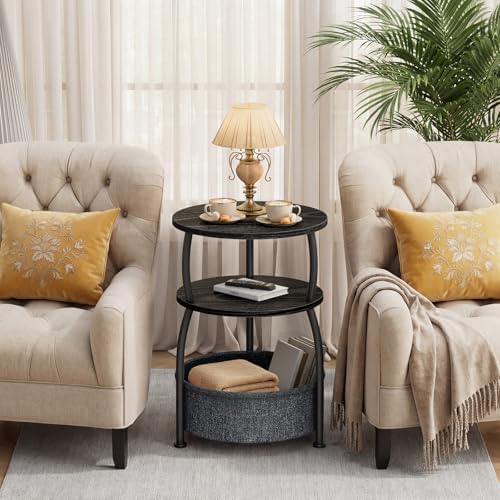Round Side Table with Storage Basket, End Table Living Room, Black - Image 5