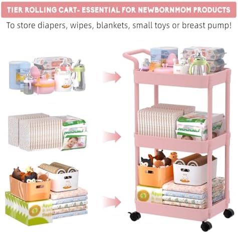 Volnamal Diaper Caddy, 3 Tier Rolling Cart for Baby Essentials, Pink - Image 3