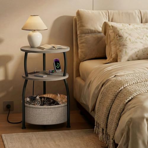 Round Side Table with Charging Station, USB Type C Port, Greige - Image 2