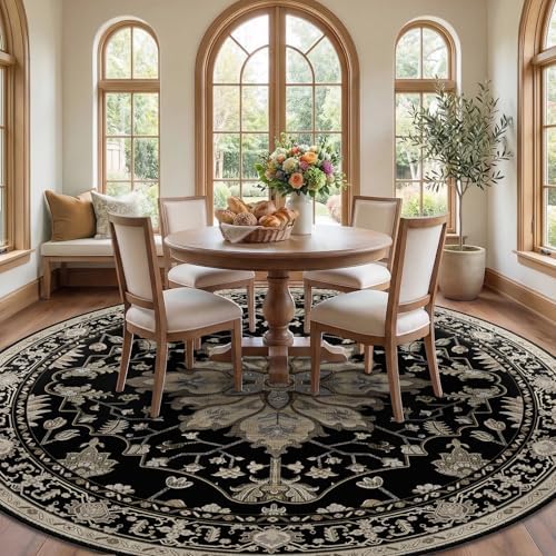 RELEANY Washable Area Rug, Round 10ft, Black/Neutral - Image 3