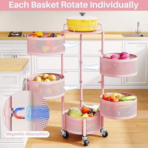 SNTD 5-Tier Fruit and Vegetable Basket Bowls for Kitchen, Rotating, Pink - Image 3