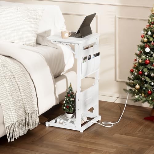 HLDIRECT C Shaped End Table with Charging Station & Storage Bag White - Image 2