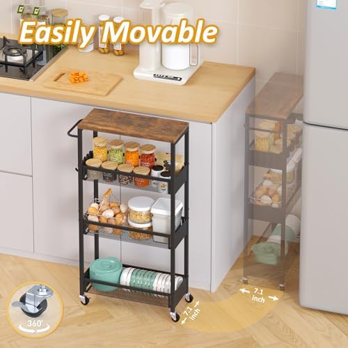 Vincona 7.1" Wide Slim Rolling Utility Cart, 4 Tier Metal Narrow Storage Cart with Handle and Wood Top, Multifunctional Small Mobile Shelf Unit Organizer Trolley for Laundry, Bathroom, Kitchen - Image 3