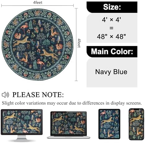 DUKINO 4ft Round Rug, Washable Animal Round Area Rug Non Slip, Navy Blue - Image 2