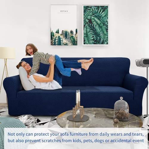 ZNSAYOTX 1 Piece Jacquard Couch Covers for 2 Cushion Couch High Stretch Loveseat Slipcover for Pets Dogs Anti Slip Love Seat Sofa Slipcover Furniture Protector (Loveseat, Navy Blue) - Image 2