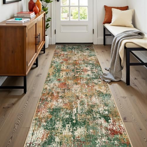 RELEANY Washable Runner 2'x8' Abstract Area Rug for Hallway Green Multi by RELEANY