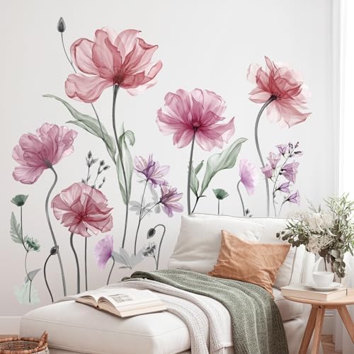 decalmile Poppy Flower Pink Floral Blossom TV Wall Decals Stickers - Image 3