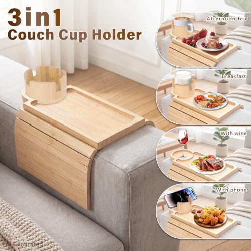 Bamboo Couch Arm Tray, 3 in1 Couch Armrest Table, Armrest Tray, Natural - Image 3