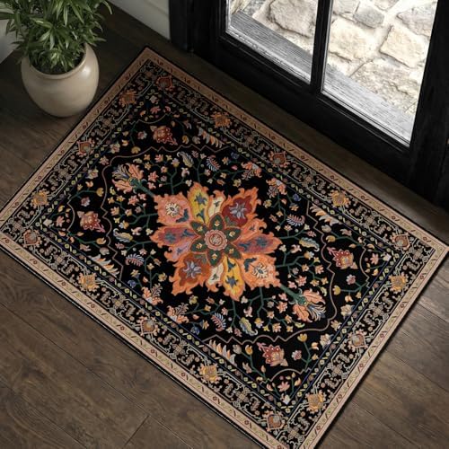 RELEANY Washable Area Rug, Small 2'x3', Black/Colorful by RELEANY