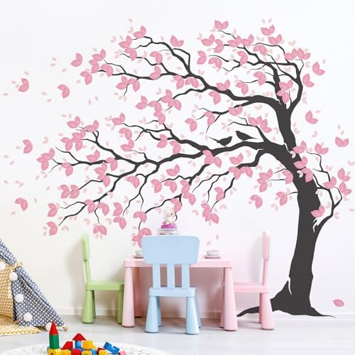AM AMAONM 74.8x59 Inch Large Watercolor Tree Wall Decals - Peel & Stick Wall Stickers, DIY Removable Wall Art for Kids Living Room, Bedroom, Nursery Decor (Black Trunk Pink Leaves) - Image 4