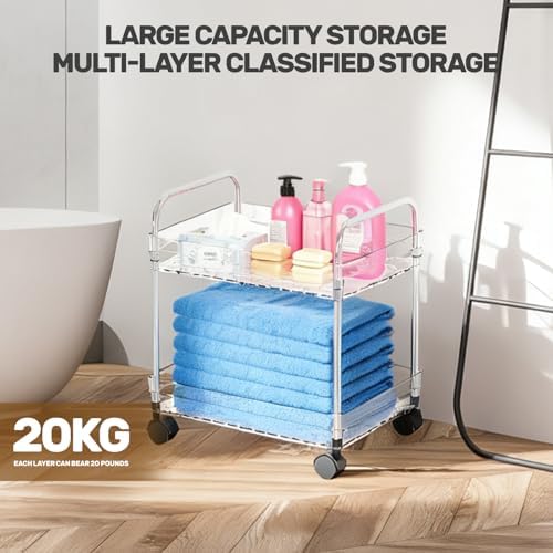 2 Tier Utility Rolling Cart with Wheels Multifunctional Storage Cart Under Desk Storage Organizer with Handle and Hooks for Home Kitchen Office Bathroom Organization Transparent - Image 5