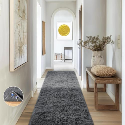 Ophanie 2x6 Washable Runner Rug for Hallway,Non-Slip Fluffy Soft Bedside Rugs, Bedroom Living Room Grey Shaggy Gray Carpet for Kids Girls Boys Dorm Nursery Home Decor Aesthetic by Ophanie