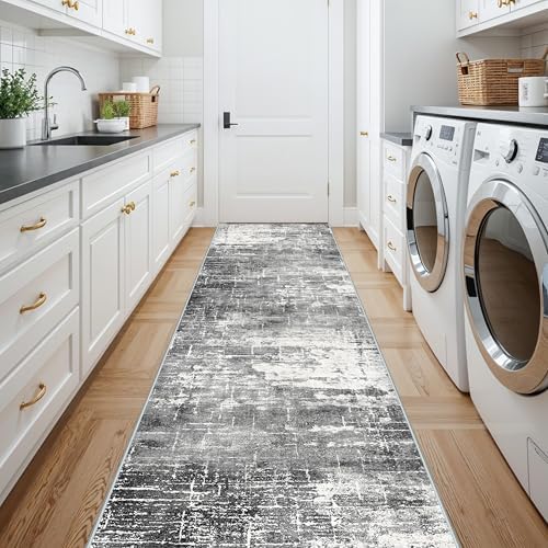 Washable 12ft Kitchen Area Rug: Abstract Entryway Rug Runner Soft Bedroom Besides Floor Mat Non-Slip Indoor Carpet for Bathroom Living Room Stain Resistant Runner for Family(2'6x12,Black/Grey) - Image 5