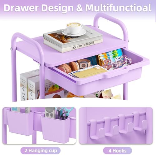 KINGRACK 3 Tier Metal Rolling Cart with Drawer, Purple Utility Storage Cart | 2 Cups & 4 Hooks, Lockable Wheels, Trolley Organizer for Bathroom, Kitchen, Office, Nursery, Dorm, Laundry, Craft Room - Image 5
