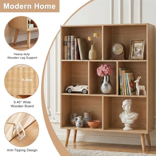 YAHARBO Natural Bookshelf,3 Tier Book Shelf with Legs, 7 Cube Minimalist Bookcase,Storage Organizer Shelves Display Bookcases for Bedroom,Living Room - Image 5