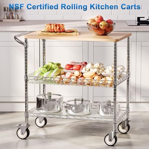 Rolling Kitchen Carts with Wheels, 3-Tier Utility Cart with Wood Tabletop - Image 2