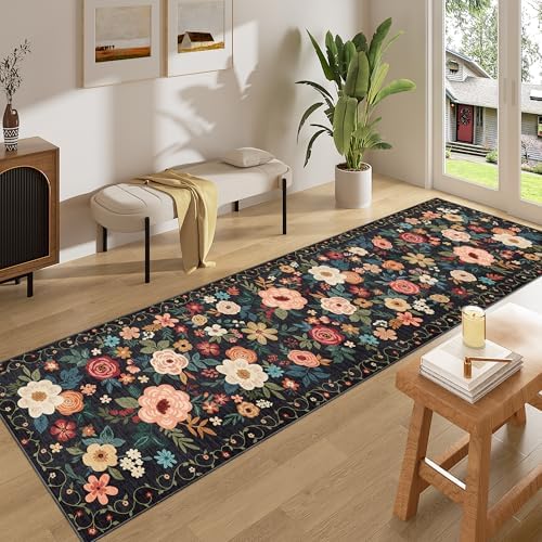 DUKINO 2x8 Runner Rug, Floral Washable Kitchen Runner Rug Non Slip, Black - Image 3