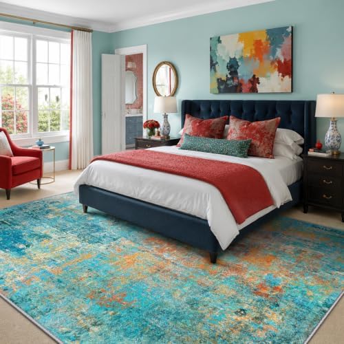 RELEANY Washable 5'x7' Abstract Area Rug for Living Room Teal Multi - Image 3