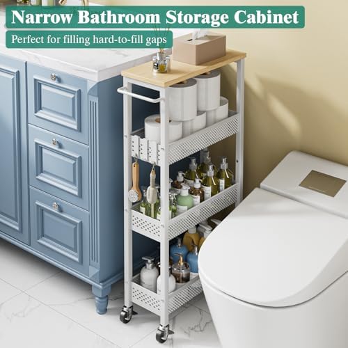 Giwil Slim Rolling Storage Cart 4 Tier Bathroom Organizer Mobile Shelving Unit Utility Cart with Wood Top and Handle for Kitchen Laundry Narrow Places, White - Image 3
