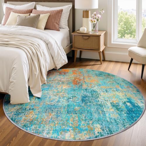 RELEANY Washable Round 4ft Area Rug for Living Room Teal Multi by RELEANY