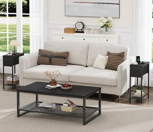 Vagusicc End Table Set of 2 with Charging Station, Small Side Table with Fabric Drawer and Bottom Storage Shelf, Narrow Nightstand Beside Table for Small Spaces, Living Room, Bedroom, Black - Image 6