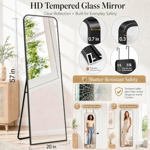 57x20" Full Length Mirror Floor Stand,Over the Door,Wall Mounted Black - Image 2