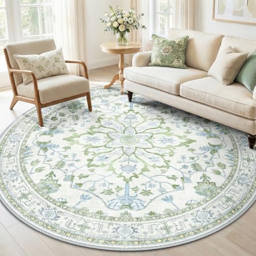 RELEANY Washable Area Rug, Round 6ft, Green/White/Blue by RELEANY
