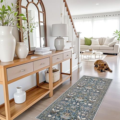 2x5 Decorative Vintage Hallway Runner: Washable Oriental Pet-Friendly Soft Carpet for Bathroom Bedroom Non-Slip Laudry Floor Mat - Low Pile Non-Shedding Rug for Apartments & Homes(2x5,Floral/Blue) - Image 2