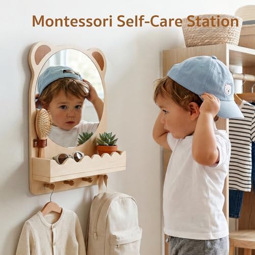 Montessori Mirror with Hooks and Shelf, Toddler Self-Care Station with Sensory Mirror, Nursery Wooden/Acrylic Child Safe Wall Mirror for Kids Playroom, Bathroom, Bedroom, Living Room, Entryway - Image 2