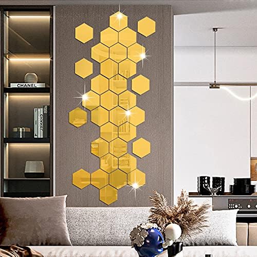 RW-103 36 Pcs Acrylic Hexagon Mirror Decals DIY Removable 3D Geometric Mirror Art Setting Wall Decor for Bedroom, Living Room, Office, Kitchen & Home (Gold) - Image 5