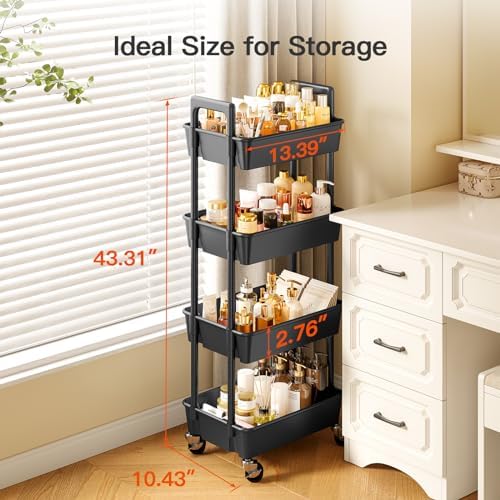 Pipishell 4-Tier Rolling Cart, Plastic Cart with Lockable Wheels & Reinforced Handle, Lightweight Utility Storage for Nursery, Bathroom, Craft Room, Black - Image 5