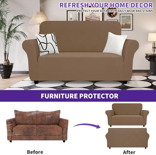 ZNSAYOTX Super Stretch Loveseat Covers (57"-70"), New Striped Love Seat Slipcover, Dogs Pet Friendly Anti-Slip Couch Protector Spandex Durable 2 Seater Fabric Sofa Cover (Light Coffee, Loveseat) - Image 2