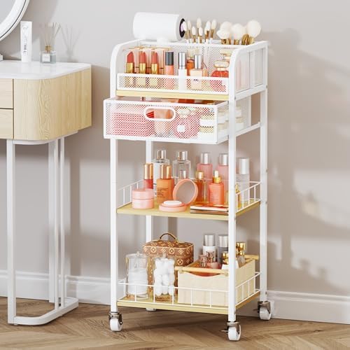 HapiRm Makeup Organizer Storage Cart - 4 Tier Skincare Make Up Storage with Drawer, Rolling Makeup Cart Vanity Organizer Cosmetics Display Cases Holder for Skin Care Perfume Nail Polish Brush - Image 2