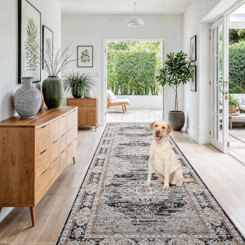 4x10 Washable Hallway Runner Rug - Non-Slip Vintage Kitchen Rugs Black Gray by Puino