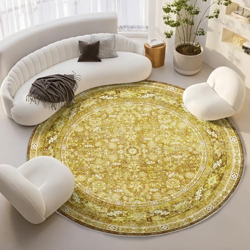 OPPODREAM Vintage Yellow Area Rugs 8' Round, Washable Rug for Living Room by OPPODREAM