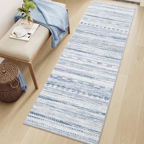 2x6 Runner Rug Machine Washable Non Slip Area Rug Distressed Neutral Moroccan Boho Rug Ultra Soft Floor Runners for Hallways for Entryway Laundry Room Kitchen, Blue by Tchdio