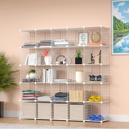 Cube Storage Organizer, Metal 25-Cube Shelves Bookshelf, Portable Closet Clothes Organizer for Bedroom, Home, Office, White - Image 2