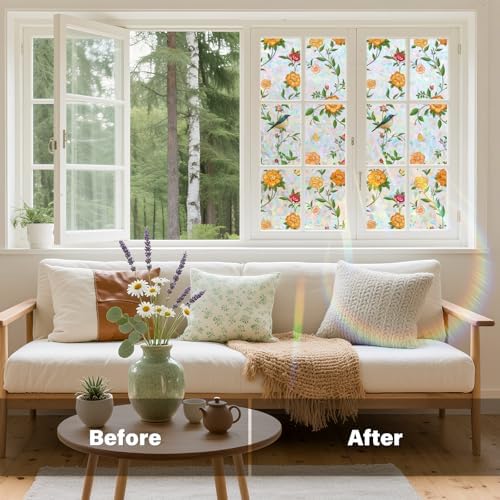 Donox Stained Glass Window Film, Floral Pattern Rainbow Light Decorative Cling, UV Block Privacy Film, Static Cling Removable No Glue for Living Room Home Office, 23.6 x 157.4 Inches - Image 2