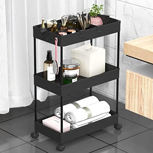 SPACELEAD 3 Tier Rolling Cart with Wheels, Storage Craft Art Trolley Organizer Serving, 3 Hanging Baskets Easy Assembly, for Office, Bathroom，Living Room, Kitchen, Black by Home