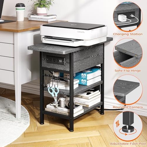 End Table with Charging Station, Flip Top Nightstand with USB Ports and Outlets,Couch Side Table with Fabric Bag and Hooks, Bedside Table for Space Saving, Living Room, Bedroom (Grey) - Image 6
