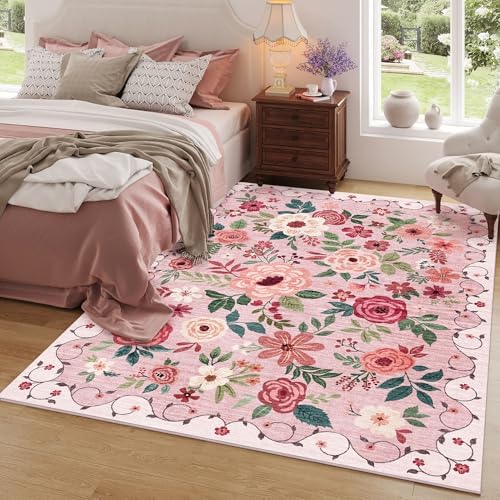 DUKINO 5x7 Area Rugs, Floral Washable Rug for Living Room Non Slip, Pink - Image 4