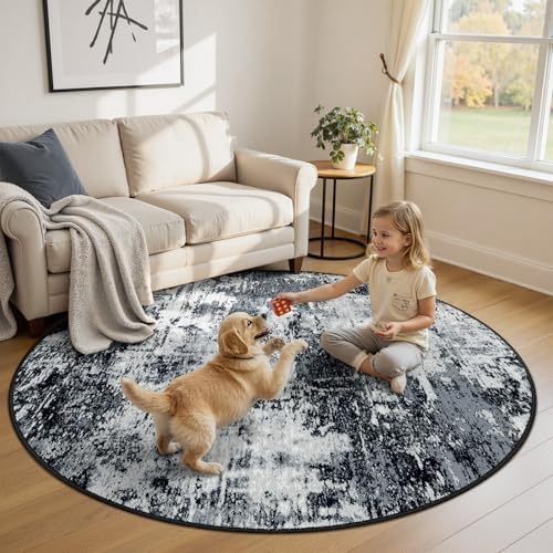 RELEANY Washable Round 8ft Area Rug for Living Room Black White by RELEANY