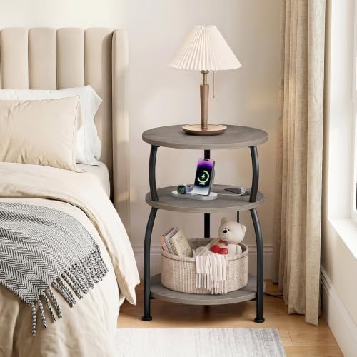 Round Side Table with Power Outlet, USB Type C Port, 3-Tier End Table - Image 5