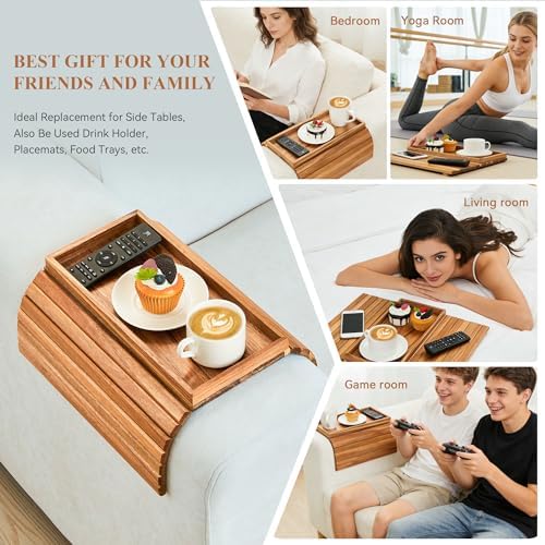 GEHE Acacia Wood Sofa Arm Tray, Foldable Couch Arm Tray Side Table, Anti-Falling Armrest Tables Cup Holder for Snacks, Drinks, Beers, Phone, Control, Flexible and Portable, Anti-Slip - Image 4