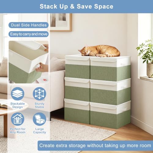 Bagnizer Large 22 Quart Linen Fabric Foldable Storage Bin Cube Organizer Basket with Flip-Top Lid & Handles, Clothes Blanket Box for Home, Office, Closet, Green & White, 4 Pack 14.6 x 9.5 x 9.5 - Image 5